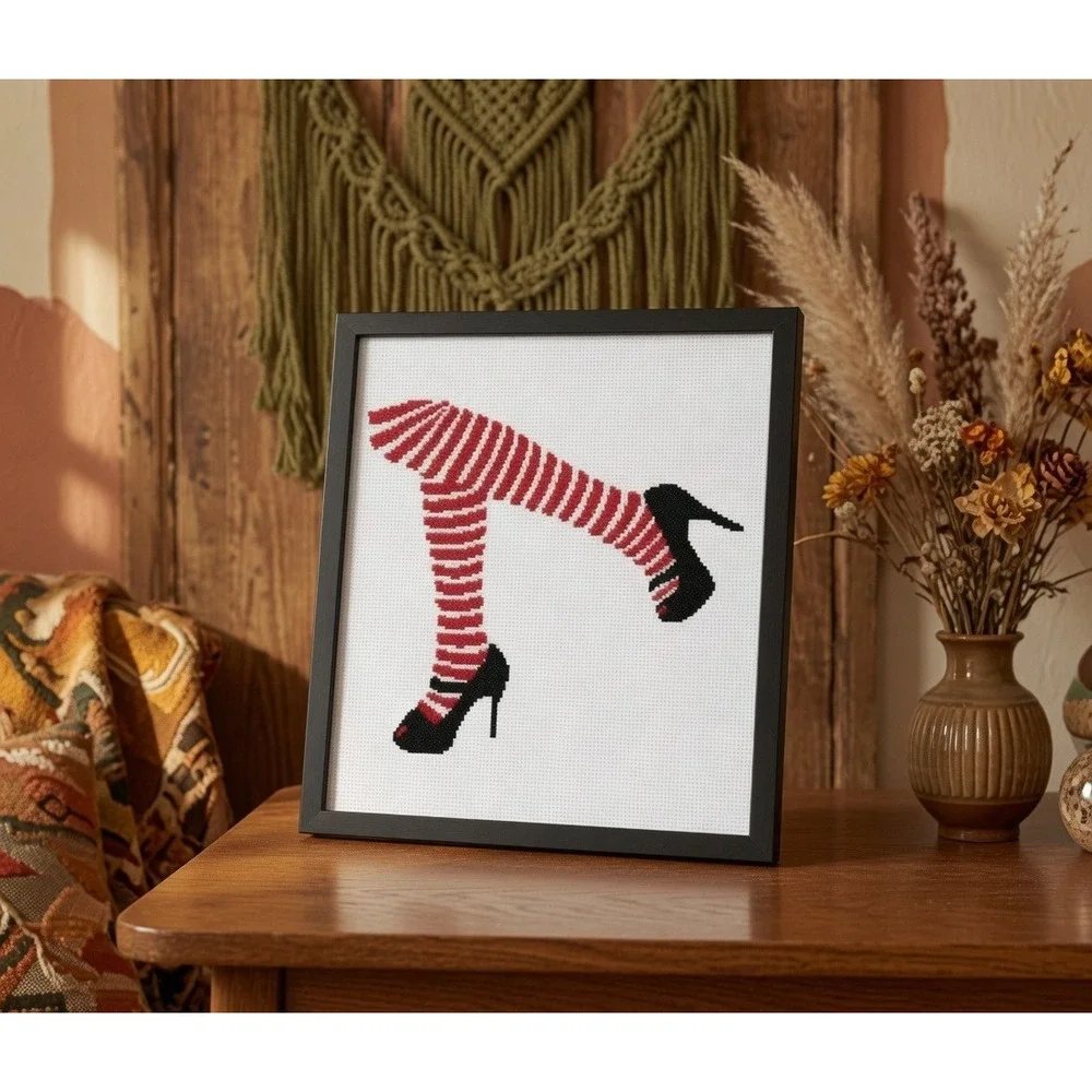 Red Striped Stockings Pin-Up Legs Shoes Modern Cross Stitch Pattern Chart